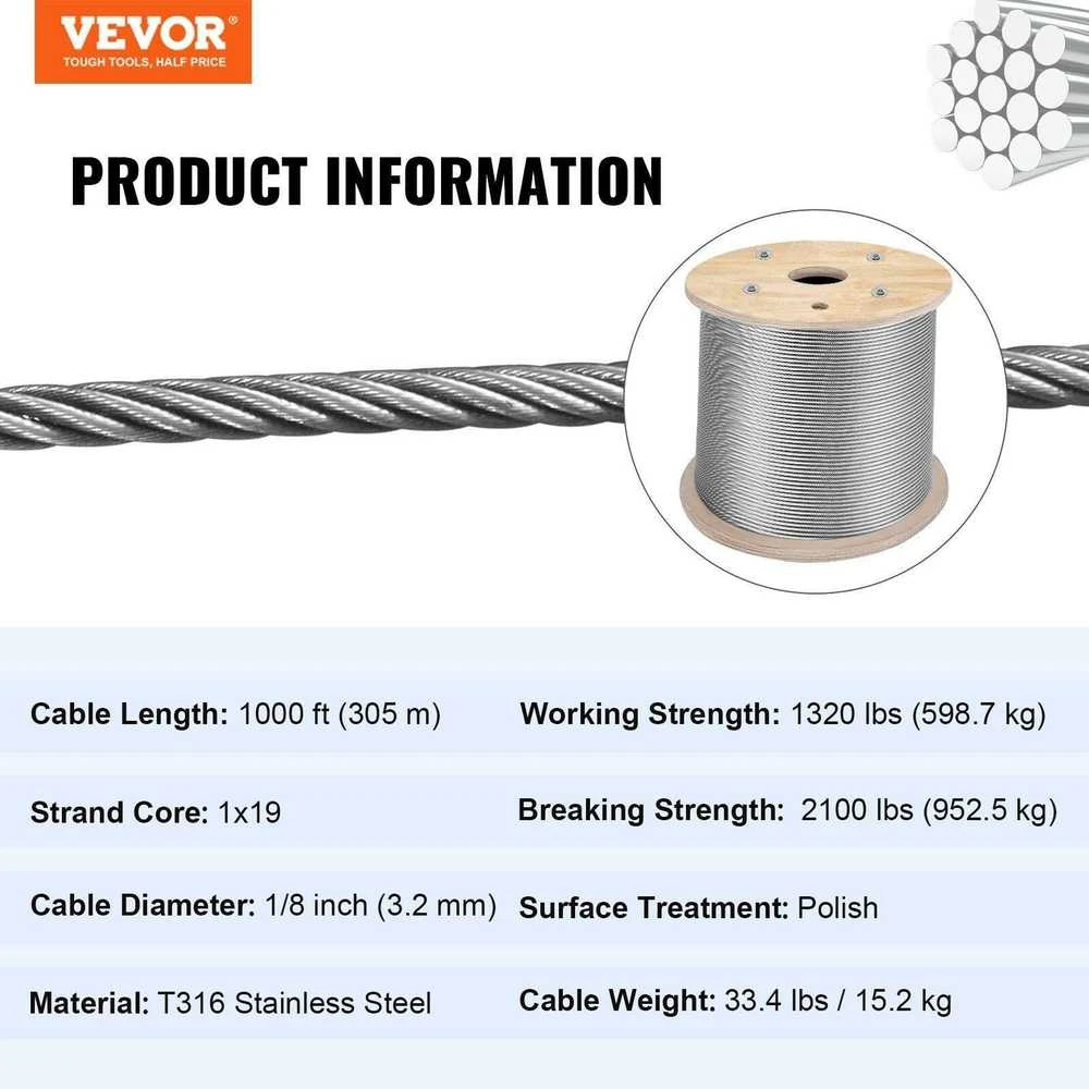 VEVOR nerūdijančio plieno trosas 3.2mm 300m 11.14KN