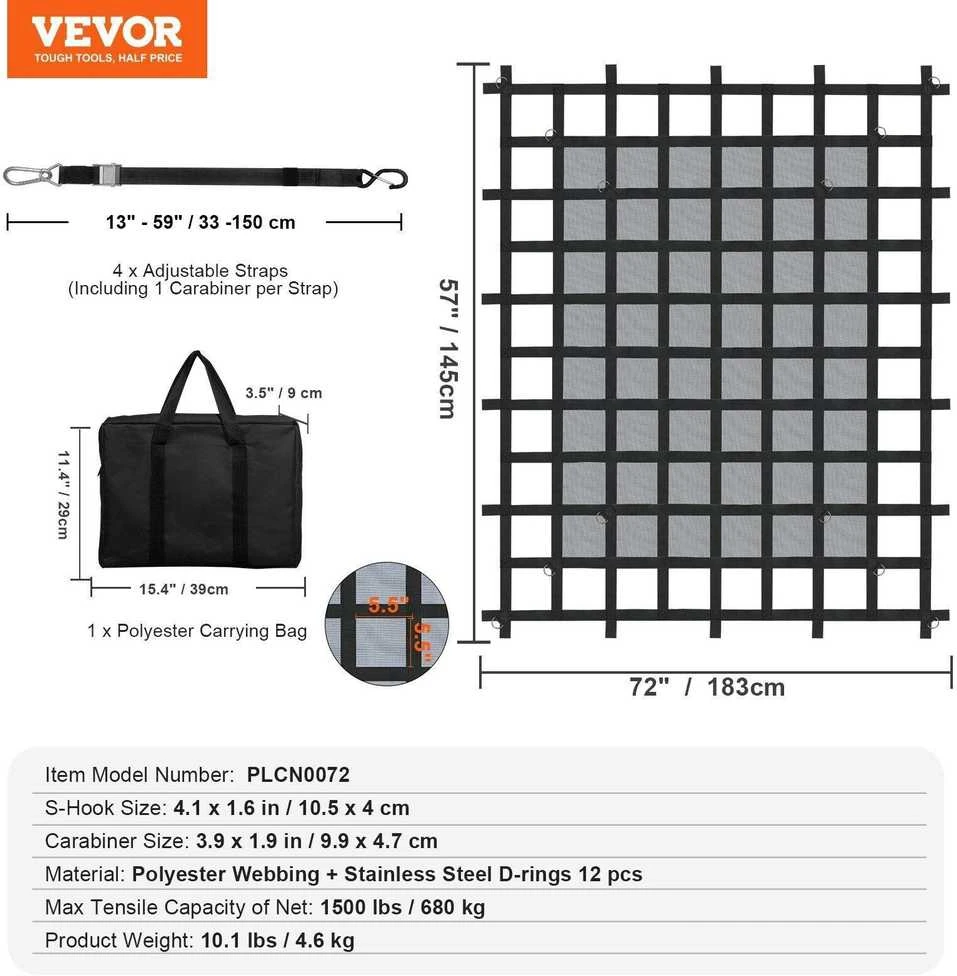 VEVOR Krovinių tinklas 72 x 57 cm su reguliuojamomis sagtimis