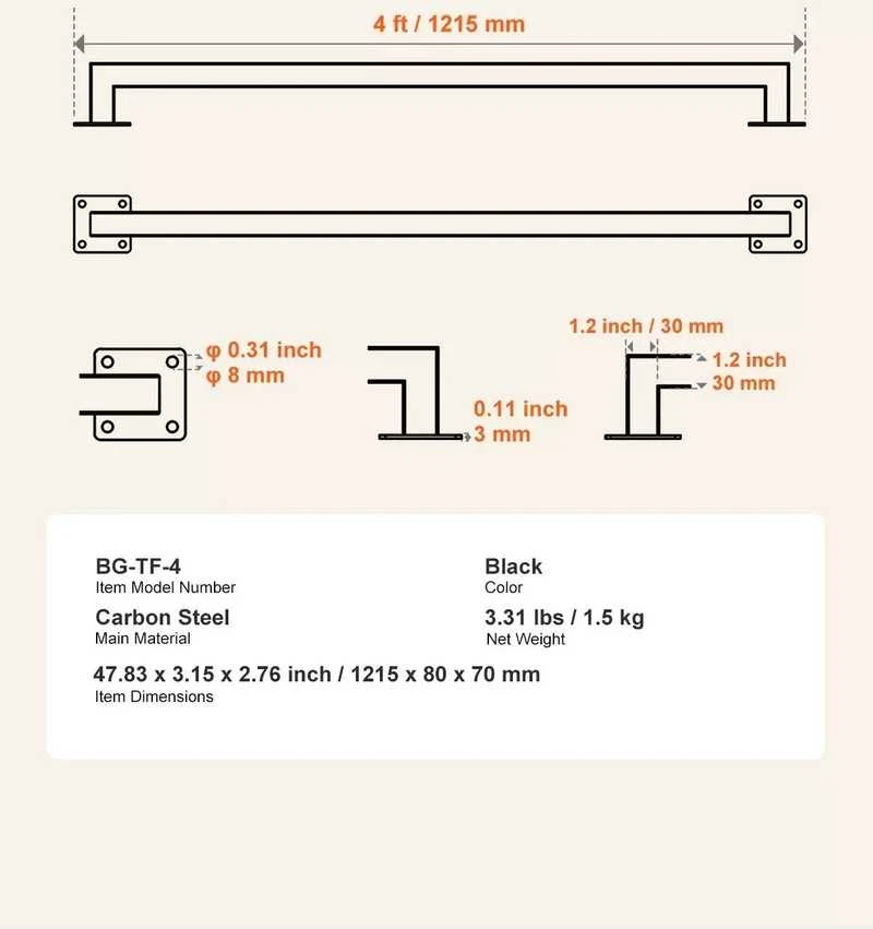 VEVOR 1215 mm sieninis turėklas laiptams iš juodo geležies
