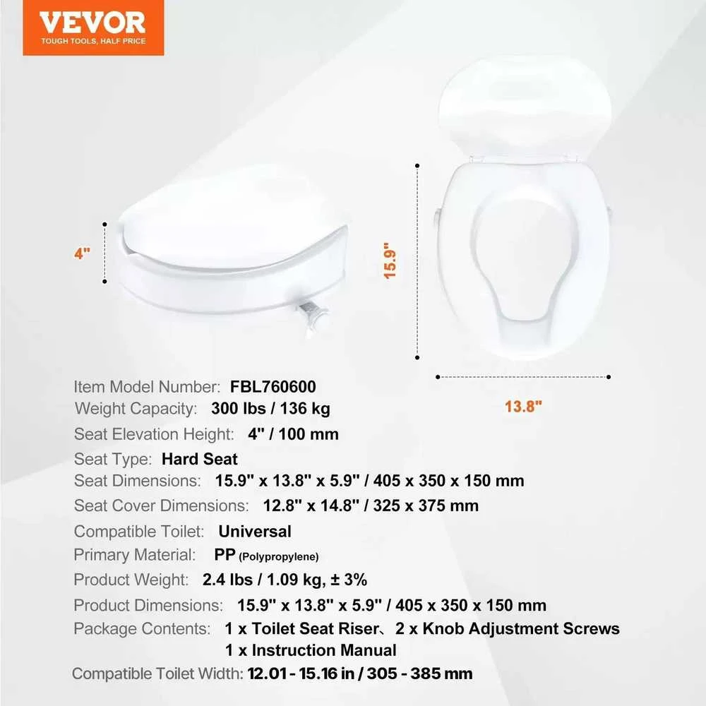 VEVOR Pakeltas tualeto dangtis su 10 cm paaukštinimu
