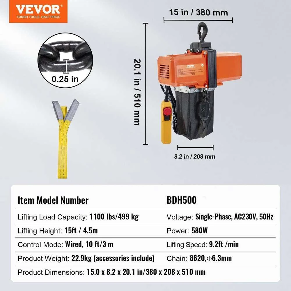 VEVOR Elektrinis grandininis keltuvas 499 kg, 4.5 m