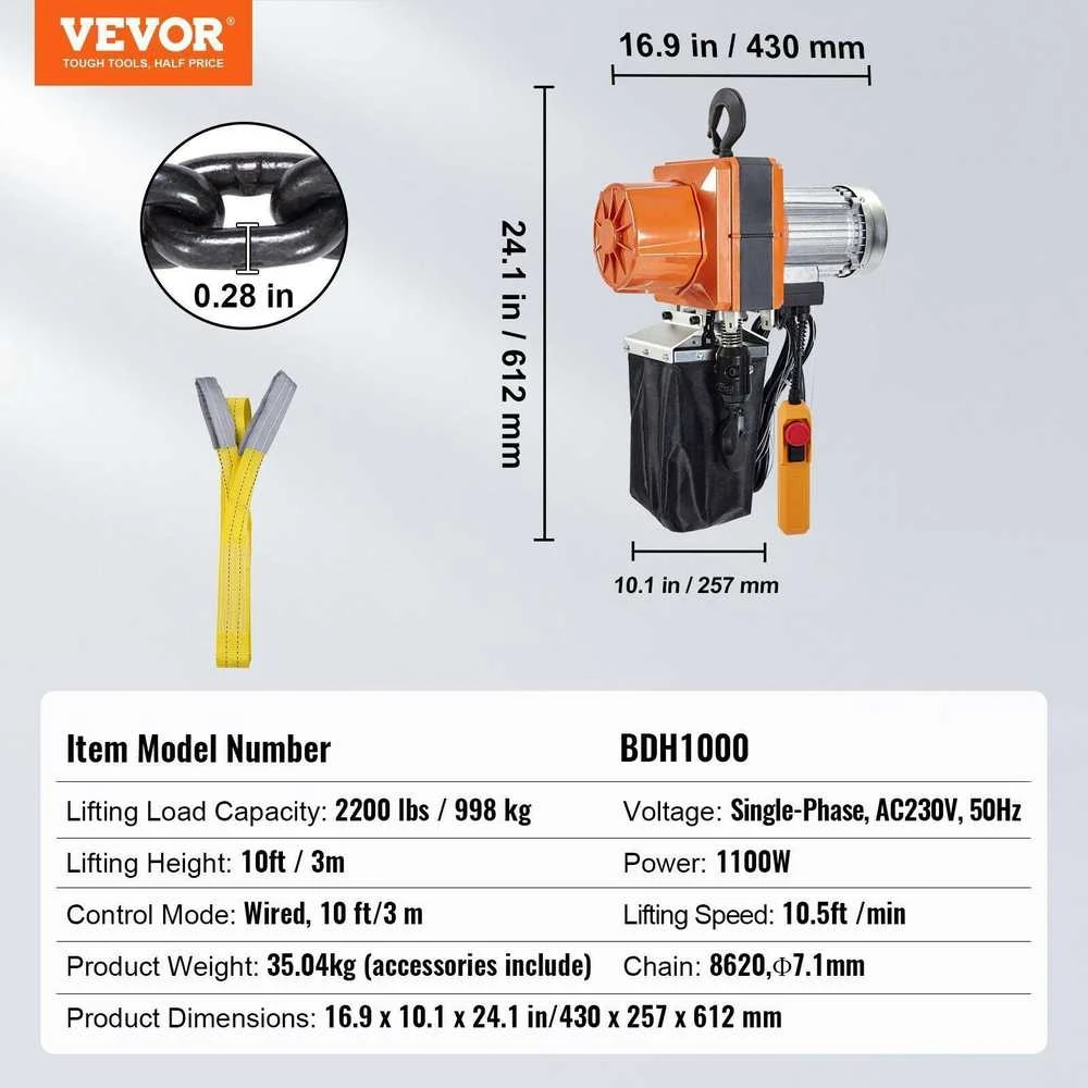 VEVOR Elektrinis grandininis keltuvas 2200 lbs apkrova 3 m