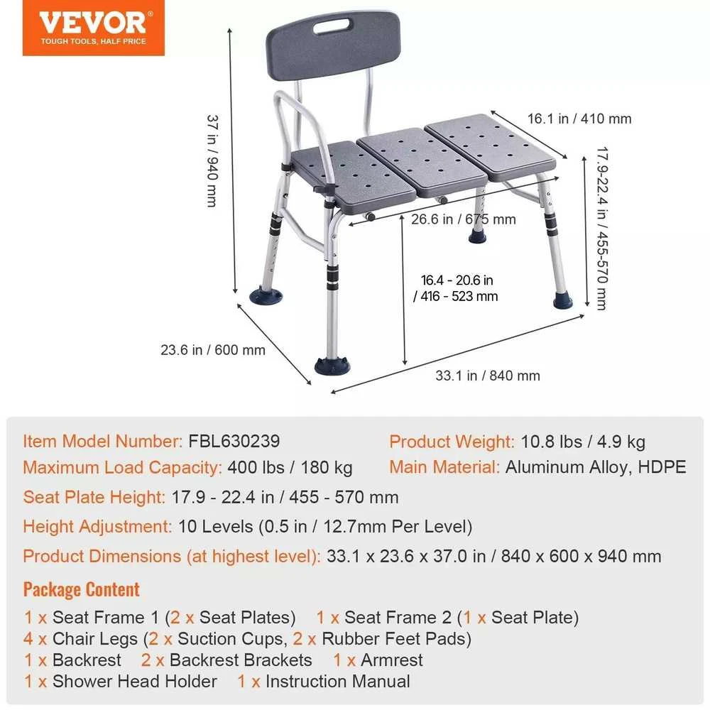 Vevor Sėdynė voniai su atlošu iki 180 kg