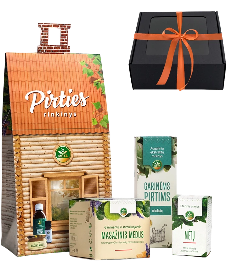 PIRTIES RINKINYS dovanų dėžutėje. Eukalipto eterinis aliejus, masažinis medus ir mėtų eterinis aliejus