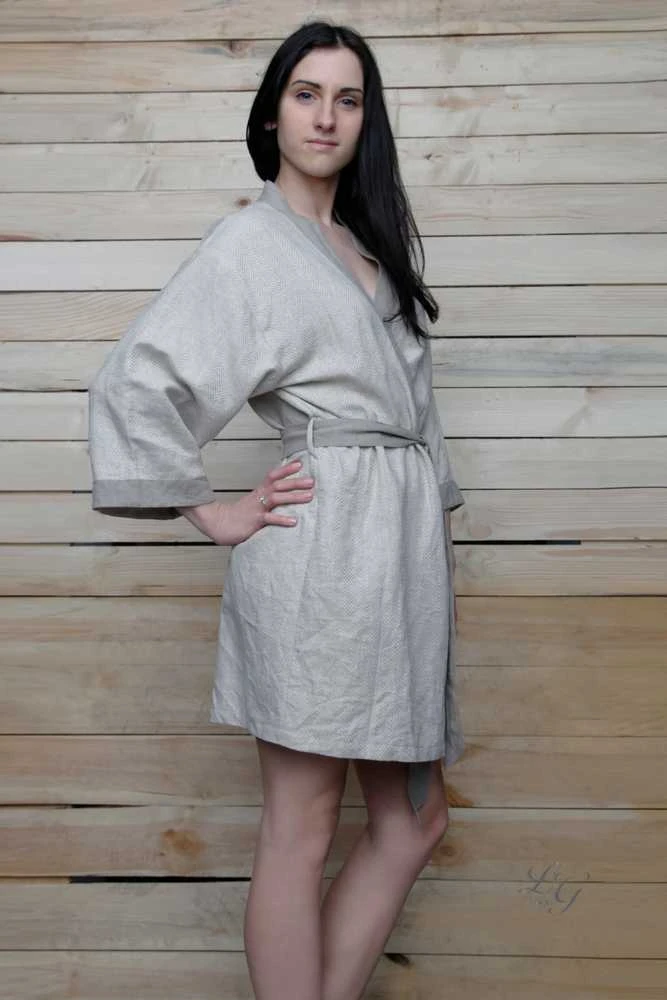 Rankų darbo lininis chalatas - kimono XL-XXL