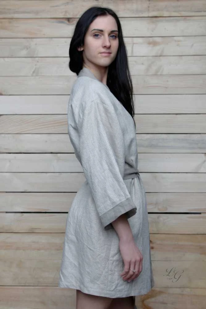 Rankų darbo lininis chalatas - kimono XL-XXL