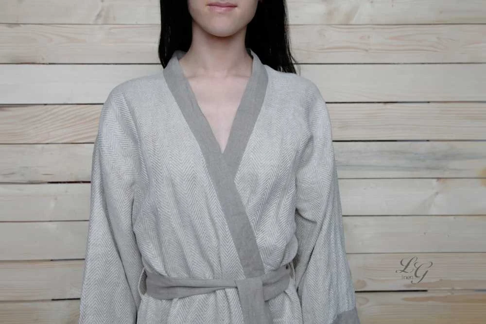 Rankų darbo lininis chalatas - kimono XS-S