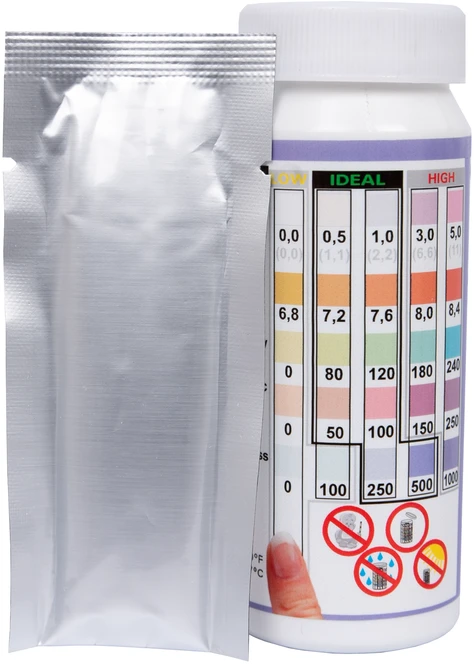 Vandens testavimo juostelės Easy-Dip 5 in 1, PH/CL/BR/Stabilizatorius/Šarmingumui/Kietumui tirti