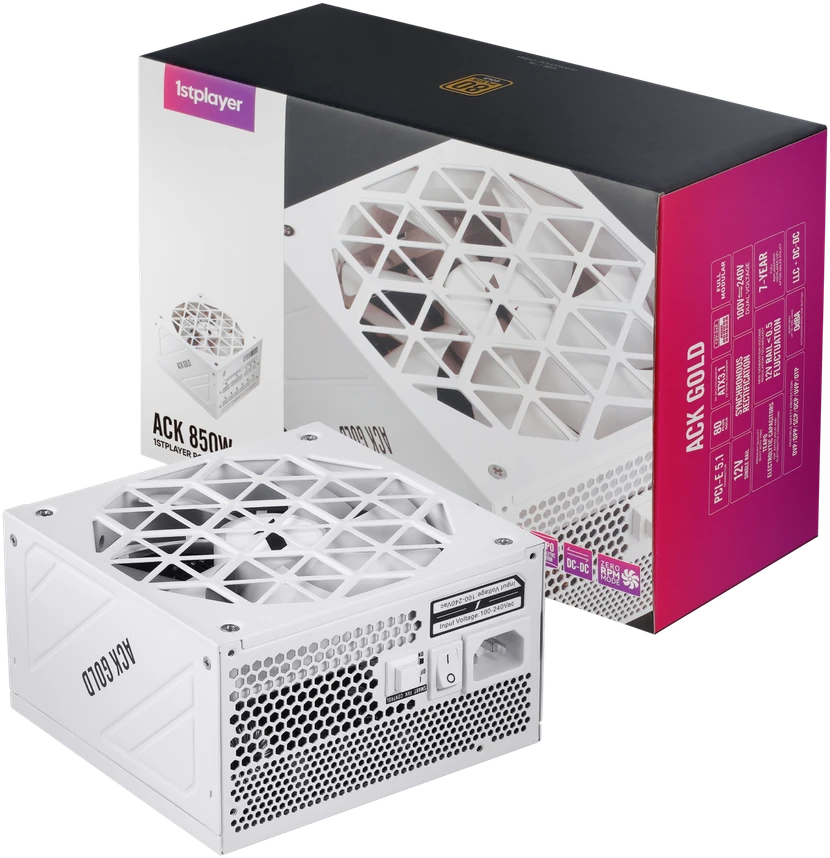 1STPLAYER ACK, 850W, 80 PLUS Gold, ATX 3.1, PCIe 5.1, modulinis maitinimo blokas, baltas