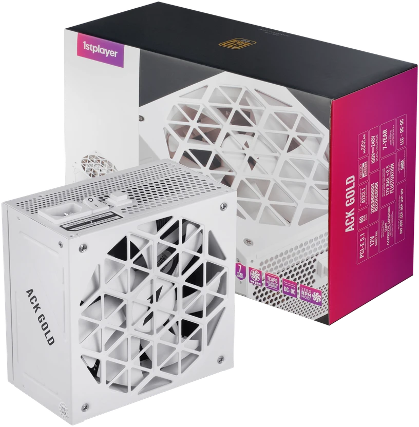 1STPLAYER ACK, 850W, 80 PLUS Gold, ATX 3.1, PCIe 5.1, modulinis maitinimo blokas, baltas