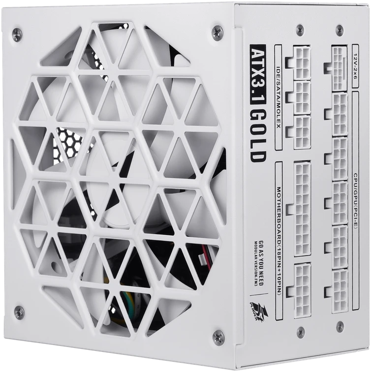 1STPLAYER ACK, 850W, 80 PLUS Gold, ATX 3.1, PCIe 5.1, modulinis maitinimo blokas, baltas