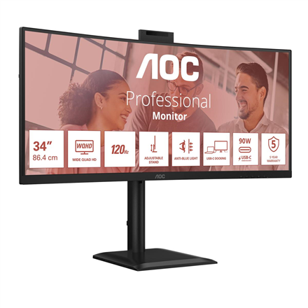 Monitorius AOC | CU34E4CW | 34 " | VA | UWQHD | 120 Hz | 4 ms | 3440 x 1440 pikselių | 350 cd/m² | HDMI jungtys quantity 2 | Juodas