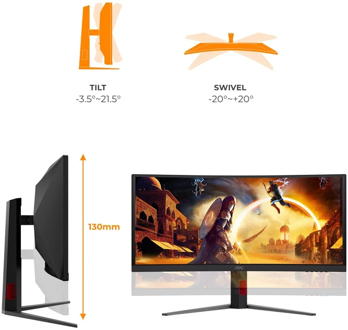Žaidimų monitorius AOC CU34G4CA, 34" UWQHD (3440x1440) lenktas Fast VA, 21:9, 180Hz, 1ms, USB-C, HDR