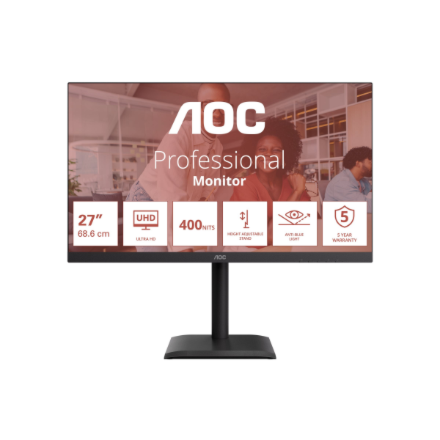 Monitorius AOC | U27E4CV | 27 " | IPS | UHD | 16:9 | 60 Hz | 4 ms | 3840 x 2160 pikselių | 400 cd/m² | HDMI jungtys quantity 2 | Juodas