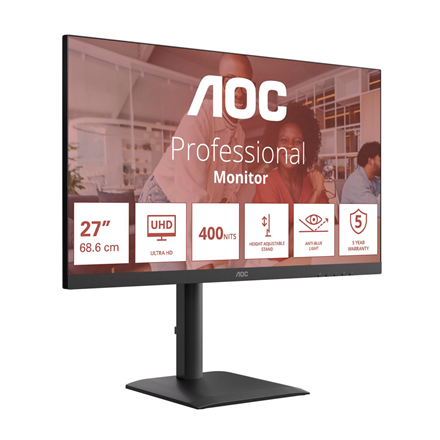 Monitorius AOC | U27E4CV | 27 " | IPS | UHD | 16:9 | 60 Hz | 4 ms | 3840 x 2160 pikselių | 400 cd/m² | HDMI jungtys quantity 2 | Juodas