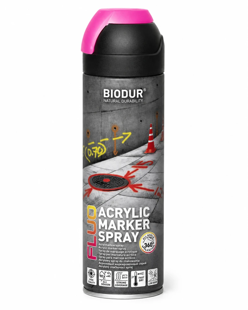 Aerozoliniai konstrukcijų žymėjimo dažai BIODUR, fluo rožiniai, 500 ml