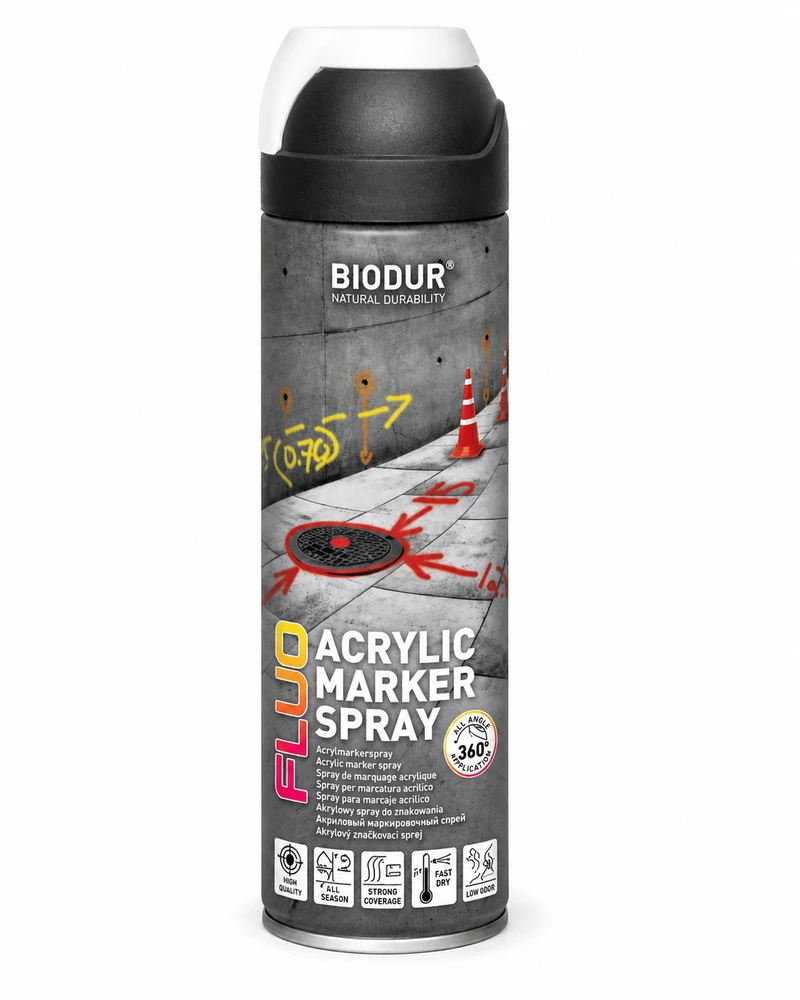 Aerozoliniai konstrukcijų žymėjimo dažai BIODUR, fluo balti, 500 ml
