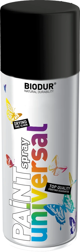 Universali aerozolinė emalė BIODUR, juoda matinė RAL9005, 400 ml