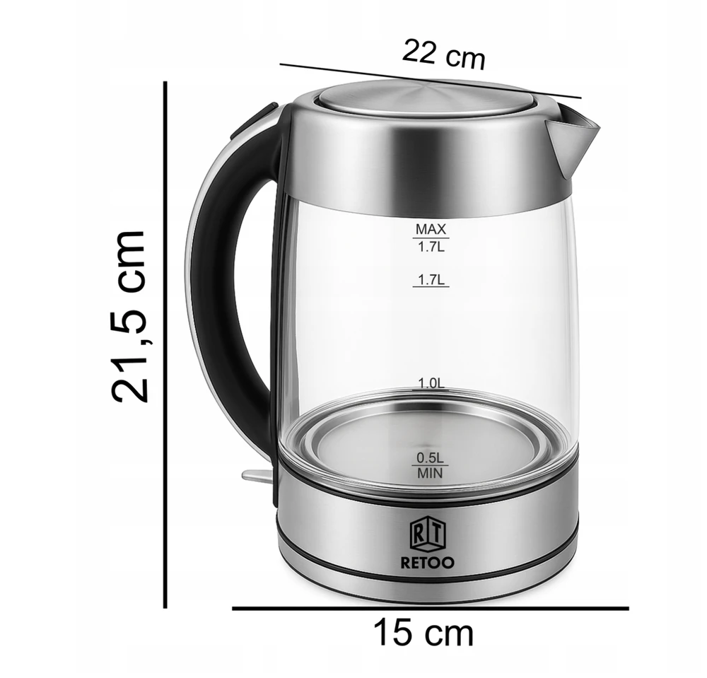 Retoo Elektrinis virdulys AquaSteel, 1,7 l, 2200 W