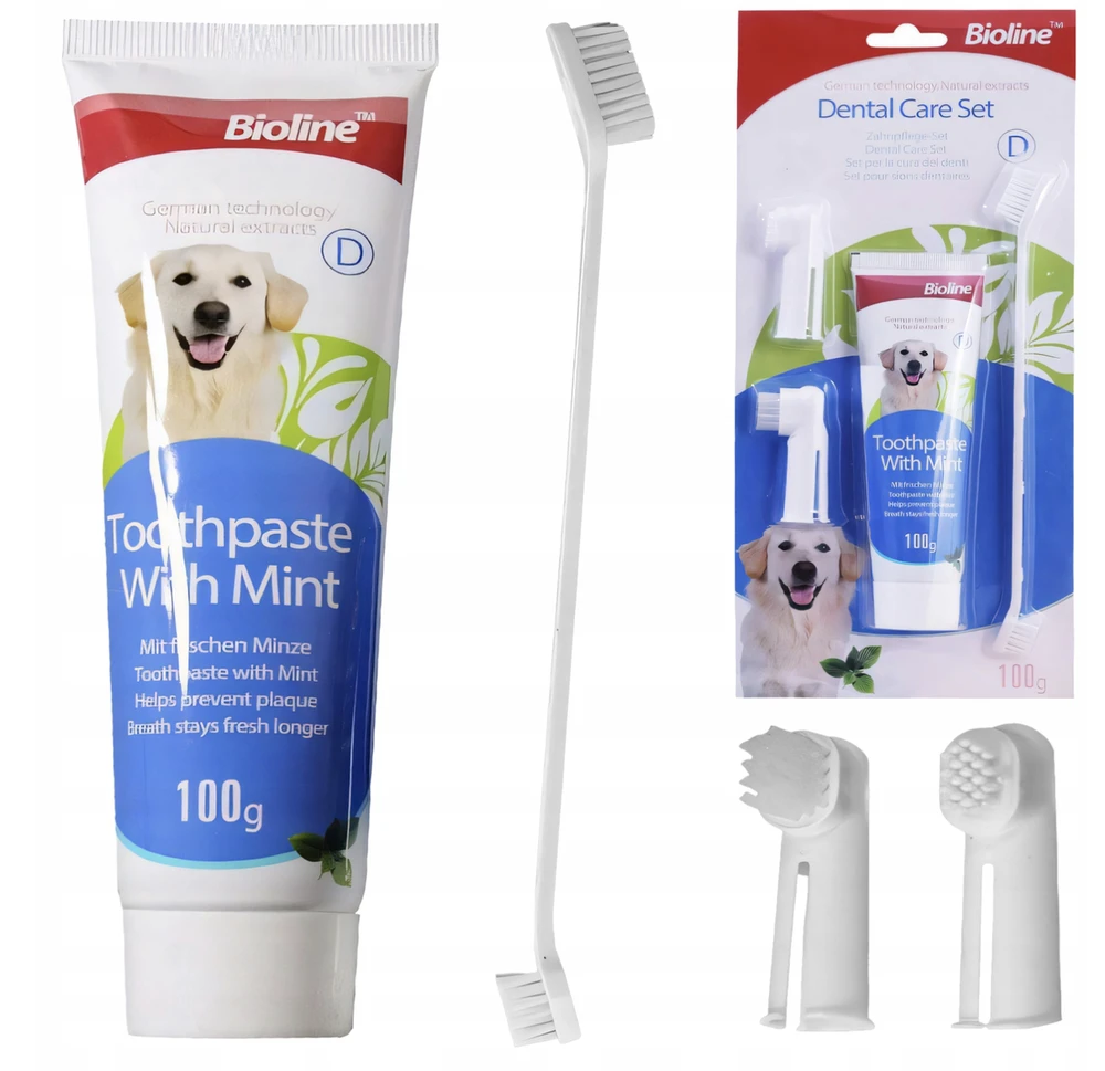 Šunų dantų šepetėlių rinkinys DentalPaws, 4 dalių su 100g mėtų pasta