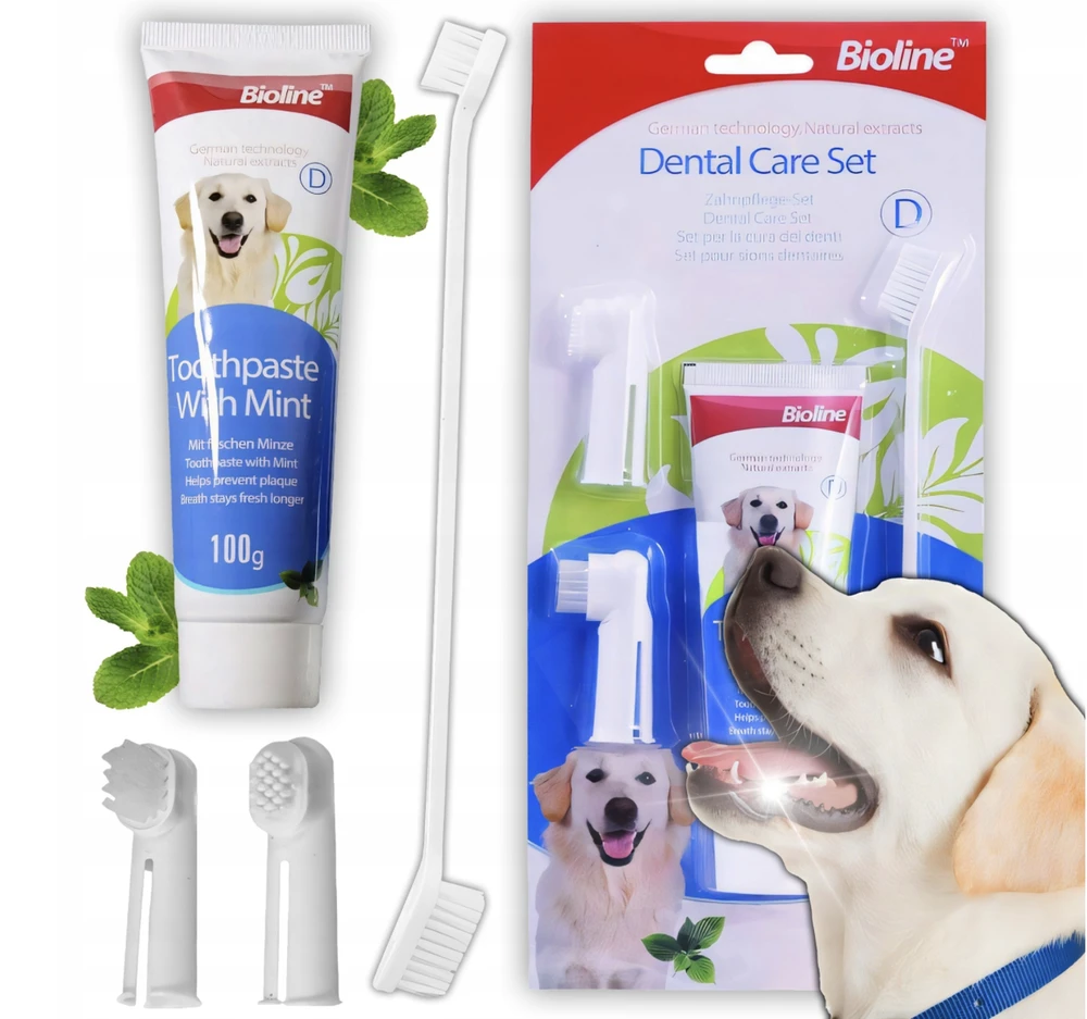 Šunų dantų šepetėlių rinkinys DentalPaws, 4 dalių su 100g mėtų pasta