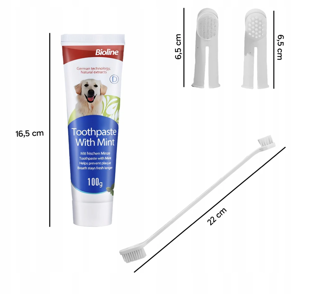 Šunų dantų šepetėlių rinkinys DentalPaws, 4 dalių su 100g mėtų pasta