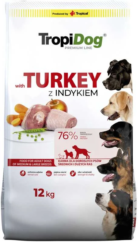 TROPIDOG Premium Adult Medium & Large kalakutienė su ryžiais - sausas šunų maistas - 12 kg
