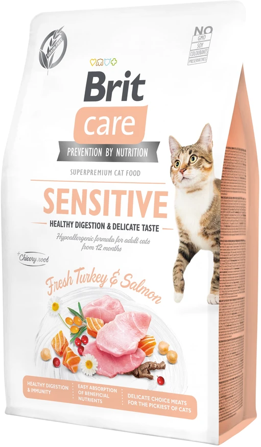 Brit Care Cat GF Sensitive, sveikas virškinimas ir subtilus skonis (šviežia kalakutiena ir lašiša) 2kg