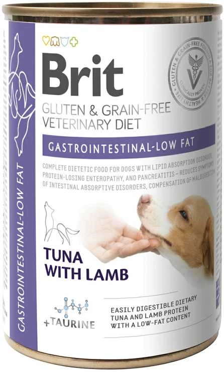 Brit GF Veterinary Diets konservai šunims Gastrointestinal Low fat (tunas, ėriena) 400g