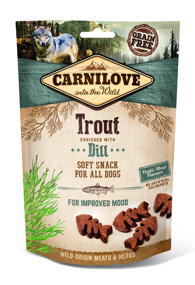 Vafo Praha Sro CARNILOVE SEMI-MOIST SOFT SNACK Upėtakis praturtintas krapais - skanėstas šuniui - 200 g