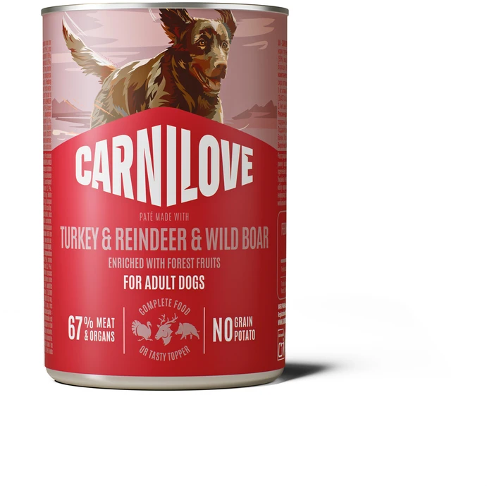 Vafo Praha Sro Carni Love Carnilove Dog Can Pat Konservai šunims kalakutiena, renifer i dzik su czarną porzeczką 400g