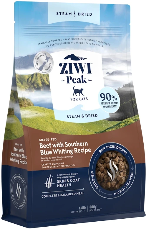 Ziwi Peak Steam&Dried Cat Beef with Southern Blue Whiting sausas maistas katėms, 800 g