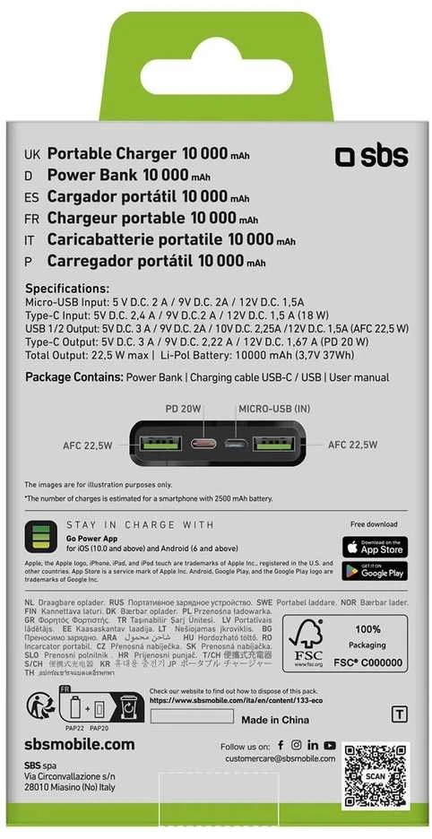 Išorinė baterija SBS TTBB10000FASTPD20K 10000 mAh 20W su maitinimo šaltiniu – juodas