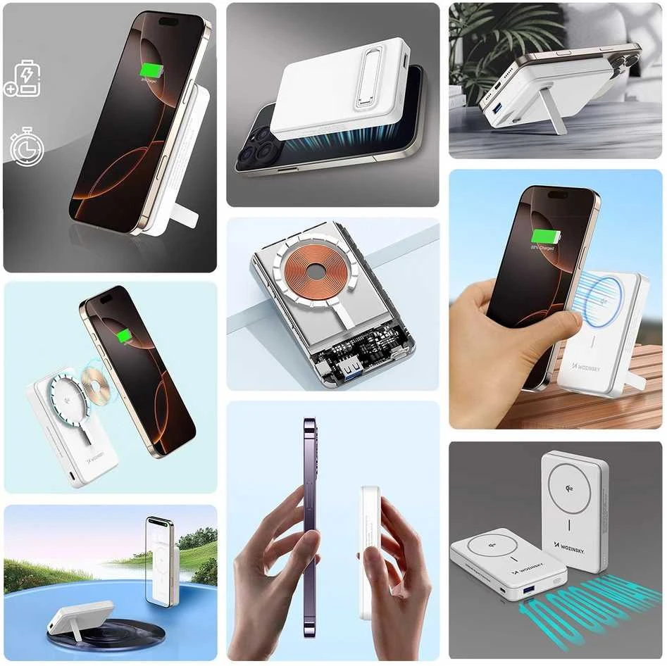 Powerbank Wozinsky WLWP-10KA0Y3WS 22.5W PD Qi2 10000 mAh, su stoveliu, 1x USB-A, 1x USB-C – baltos spalvos