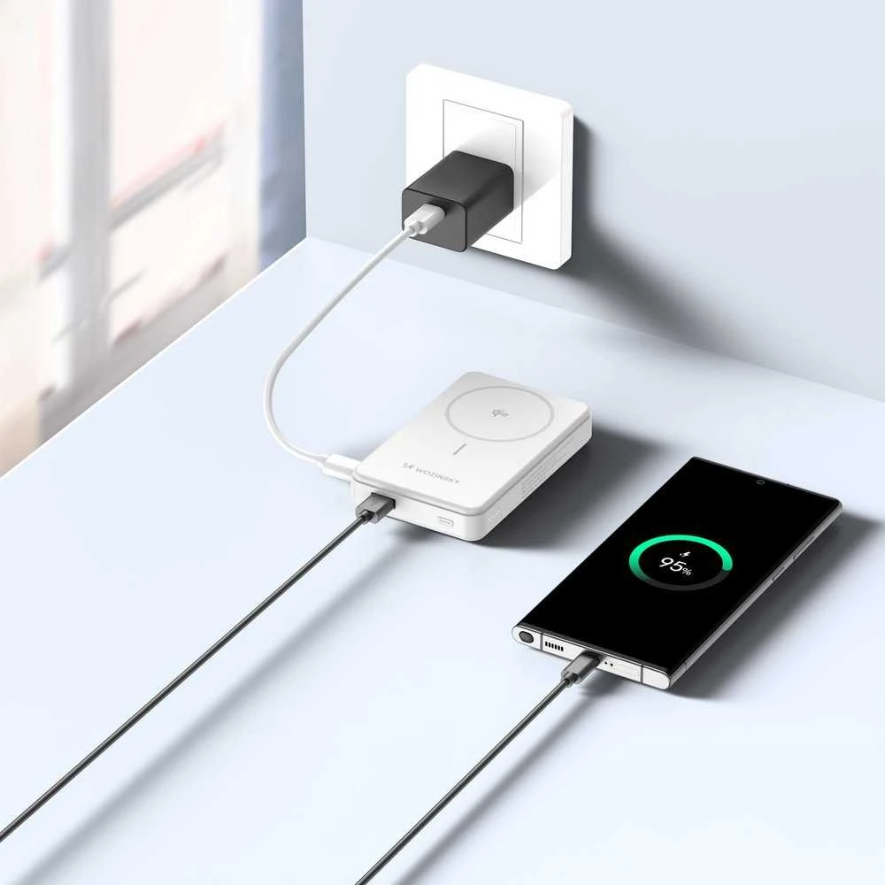 Powerbank Wozinsky WLWP-10KA0Y3WS 22.5W PD Qi2 10000 mAh, su stoveliu, 1x USB-A, 1x USB-C – baltos spalvos