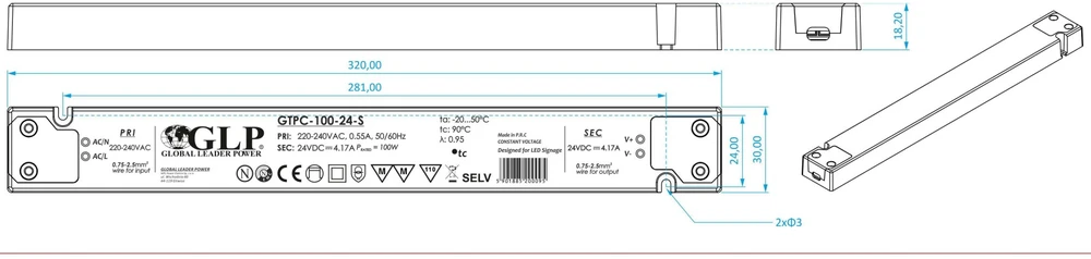 GLP 100W LED maitinimo šaltinis GTPC SLIM, 24V, IP20