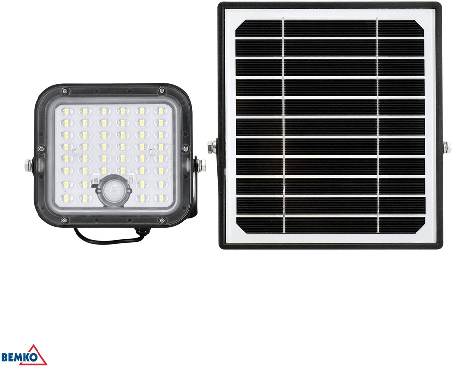 Bemko 10W LED įkraunamas prožektorius su saulės baterija ir judesio davikliu, juodas, 4000K, IP65