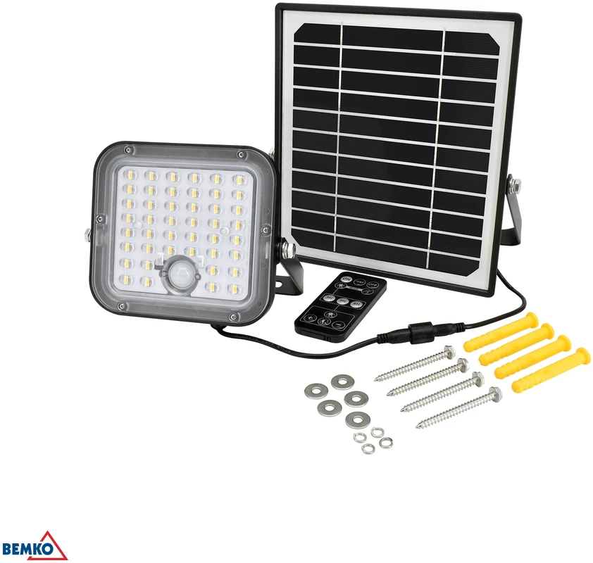Bemko 10W LED įkraunamas prožektorius su saulės baterija ir judesio davikliu, juodas, 4000K, IP65