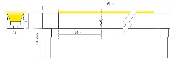 10W/m LED šviečiantis kabelis XMAGIS 13x12MM, 2700K, 320LED/m, 24V, IP67, 20 metrų ritė