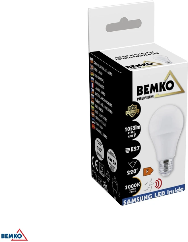 Bemko 11W LED lemputė, E27, 3000K, 220°, su šviesos jutikliu