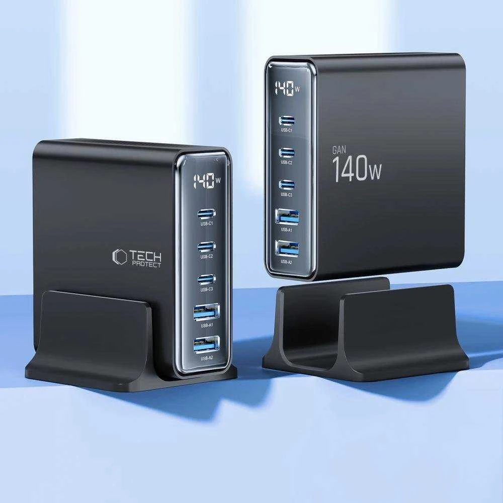 Tech-Protect DC140W-GAN 5 PORT PD140W/QC3.0 įkrovimo stotis - Juodas