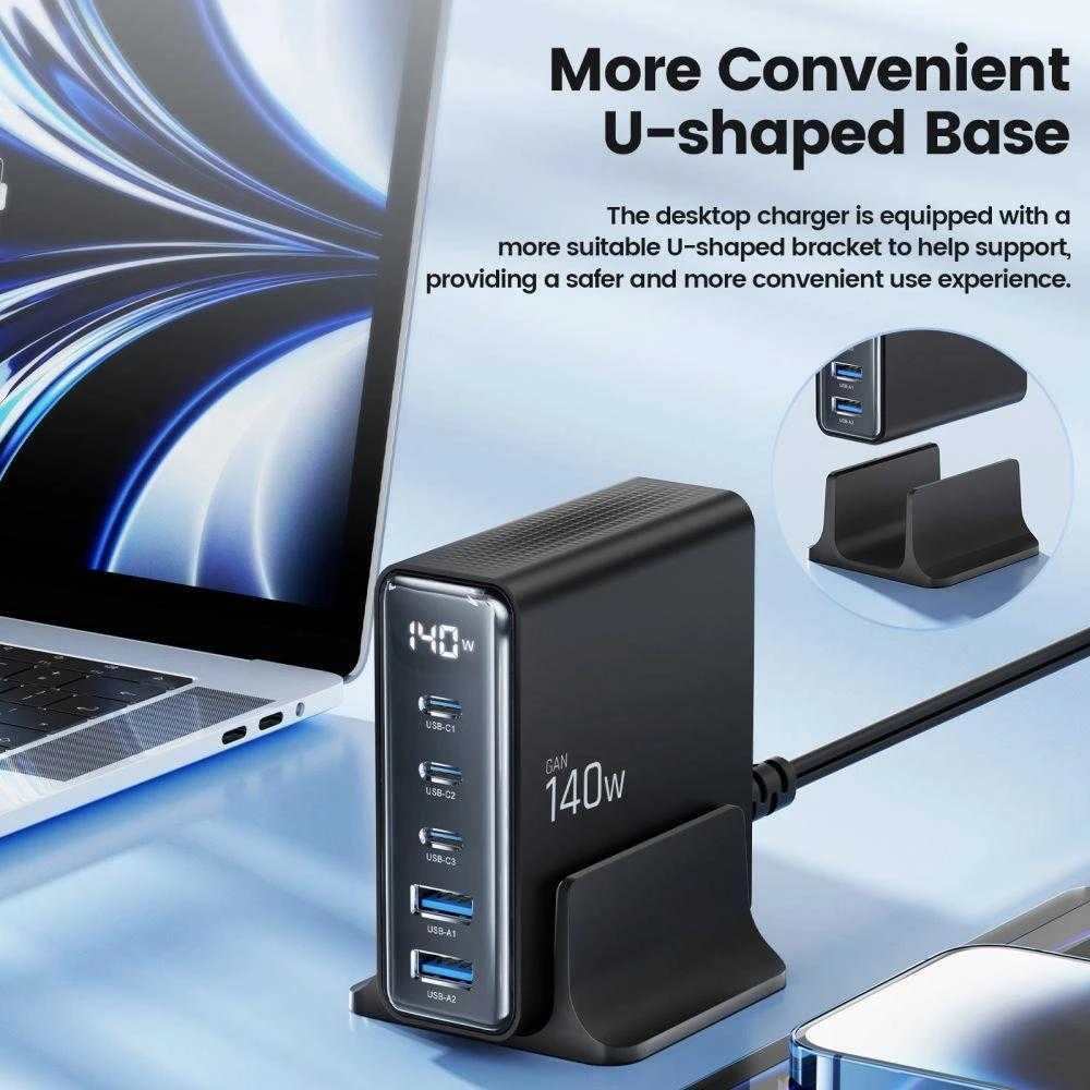 Tech-Protect DC140W-GAN 5 PORT PD140W/QC3.0 įkrovimo stotis - Juodas