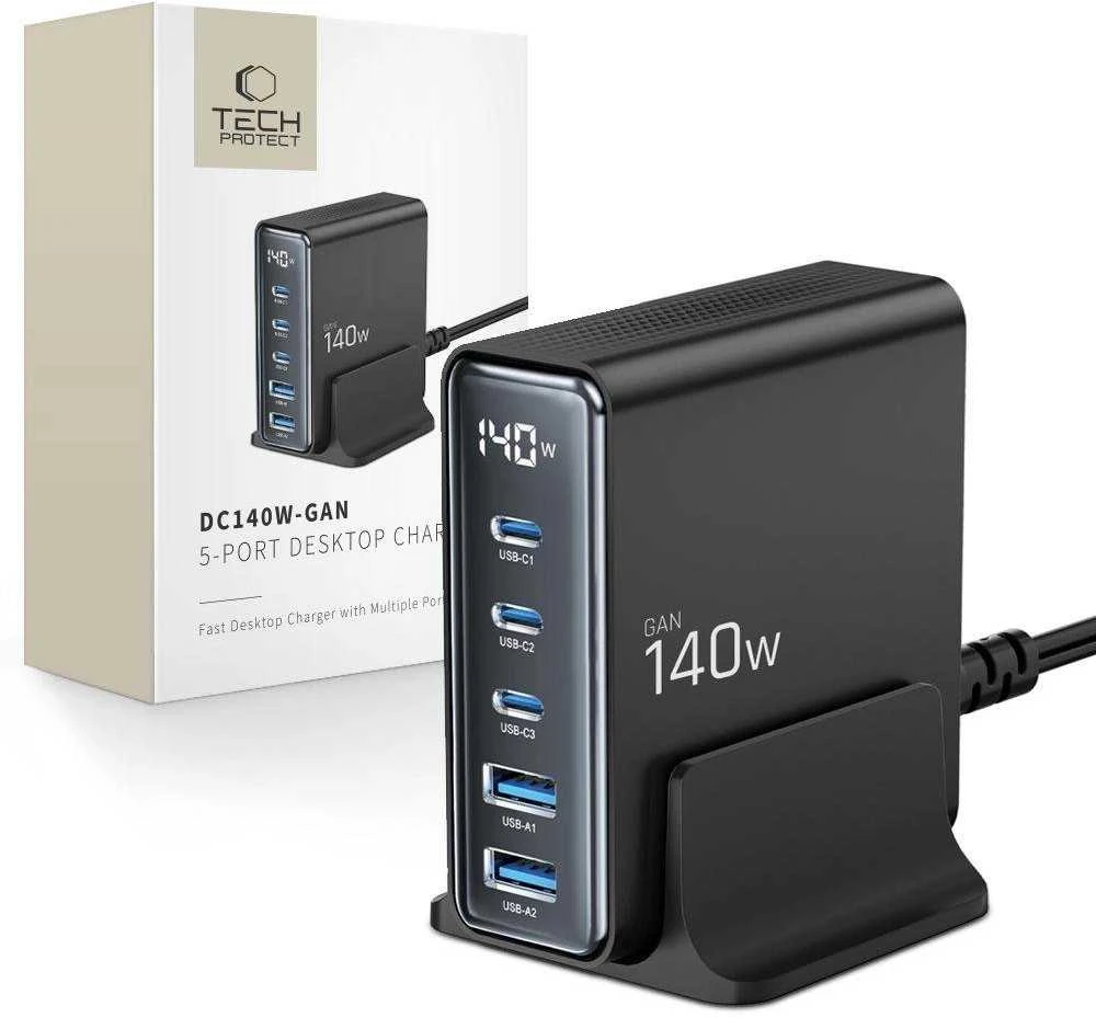 Tech-Protect DC140W-GAN 5 PORT PD140W/QC3.0 įkrovimo stotis - Juodas