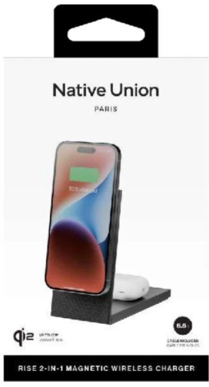 „Native Union Rise 2-in-1 Qi2“ belaidis įkroviklis, juodas