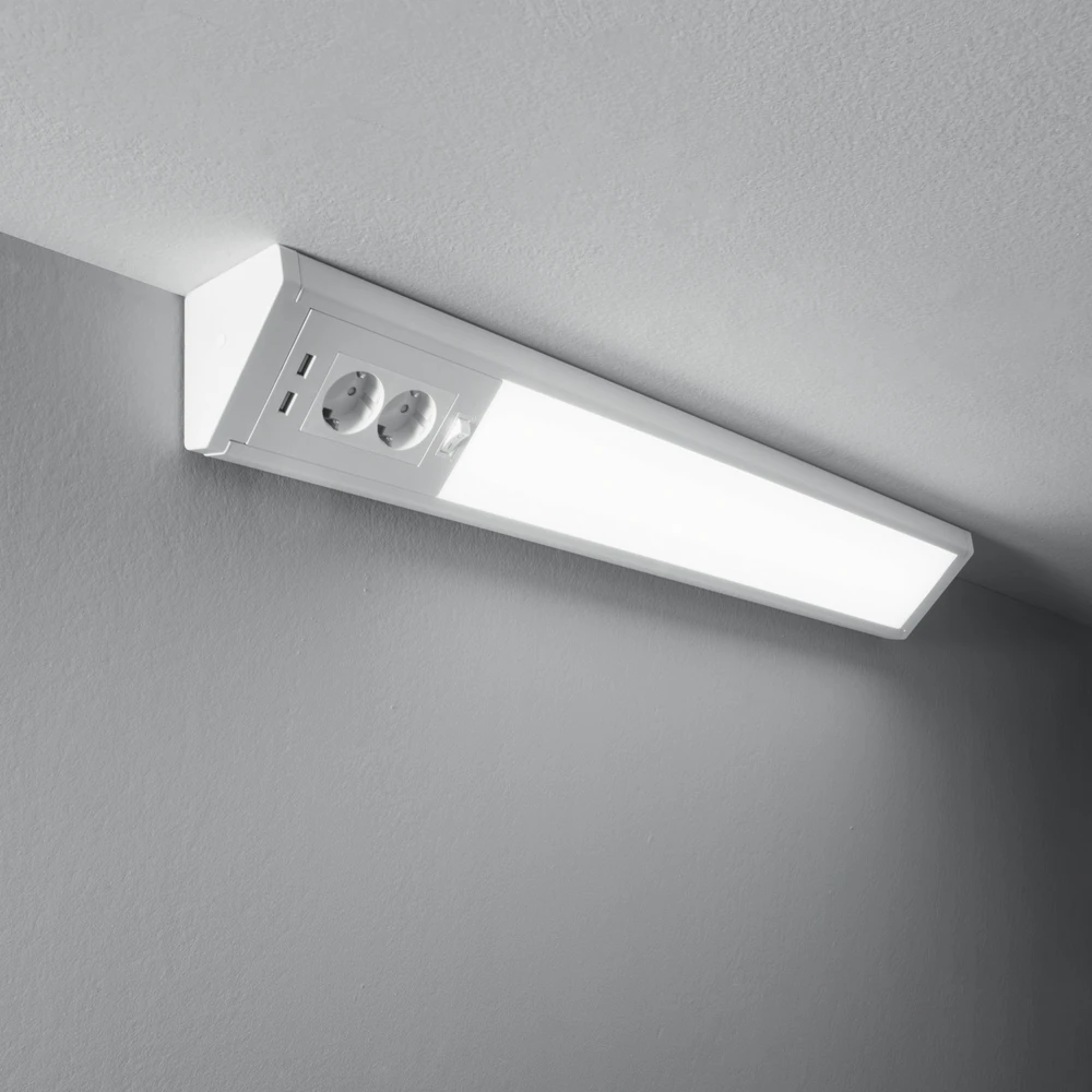 Sieninis šviestuvas 15W LED paviršinis kampinis šviestuvas su kištukiniu lizdu ir USB HABILIS, baltas, 4000K