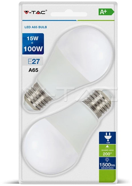 15Wx2vnt/pakuotėje LED lemputės V-TAC, A60, E27, termoplastikas, (6400K) šaltai balta