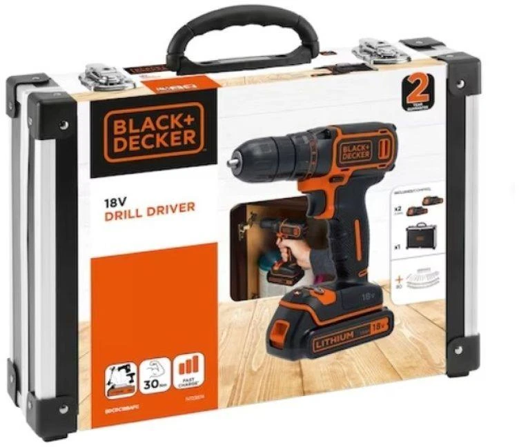 Akumuliatorinis gręžtuvas-suktuvas Black & Decker BDCDC18BAFC + 2x1.5Ah + antgalių rinkinys