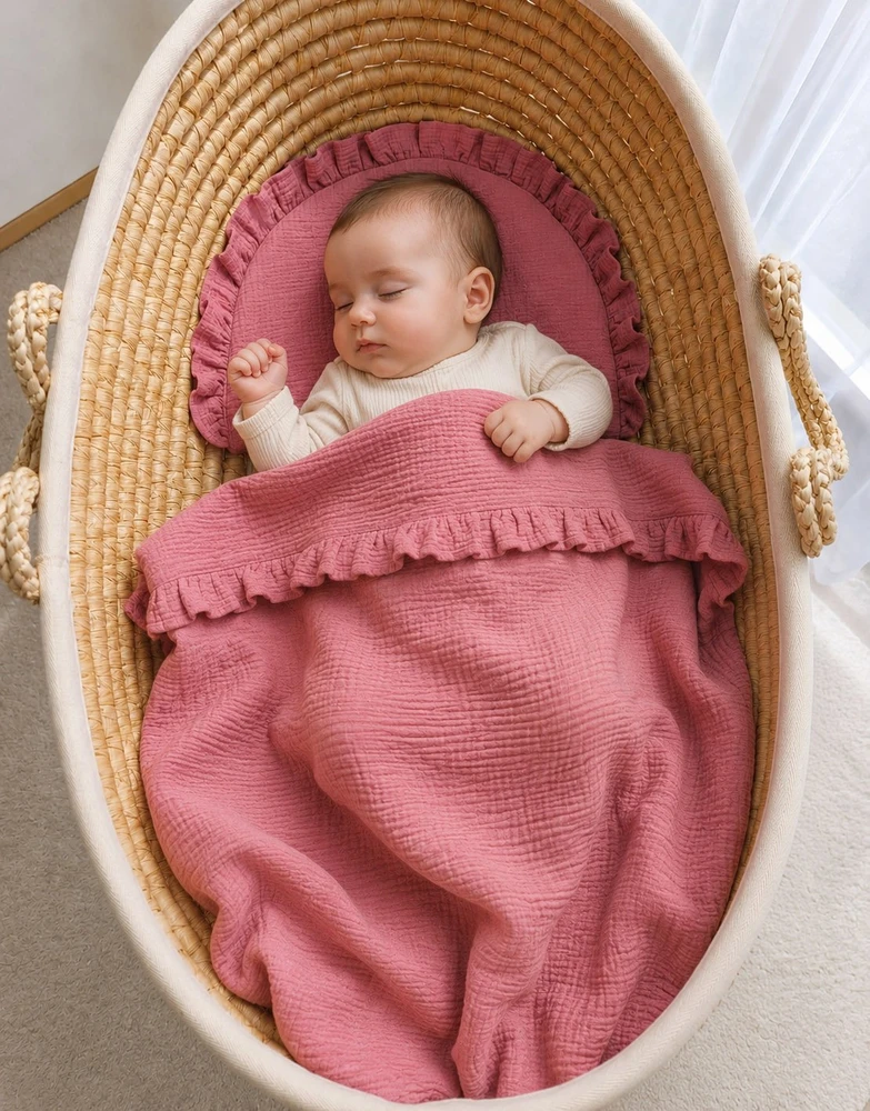 2 dalių muslino kūdikio patalynės komplektas su raukinuku My Sweet Baby retro pink