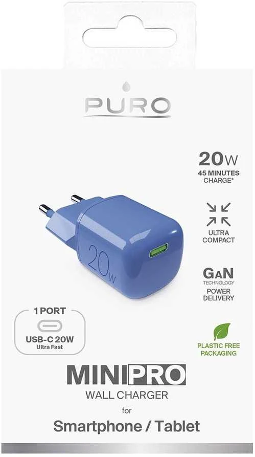 Puro Elektrik Puro 20W GaN USB-C Wall Charger - Mėlyna