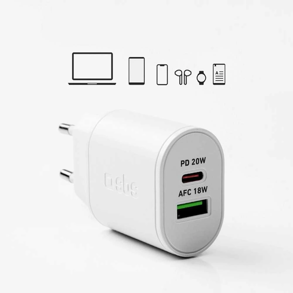 SBS TETRPD20W 20W USB-A USB-C sieninis įkroviklis su maitinimo tiekimu – baltas